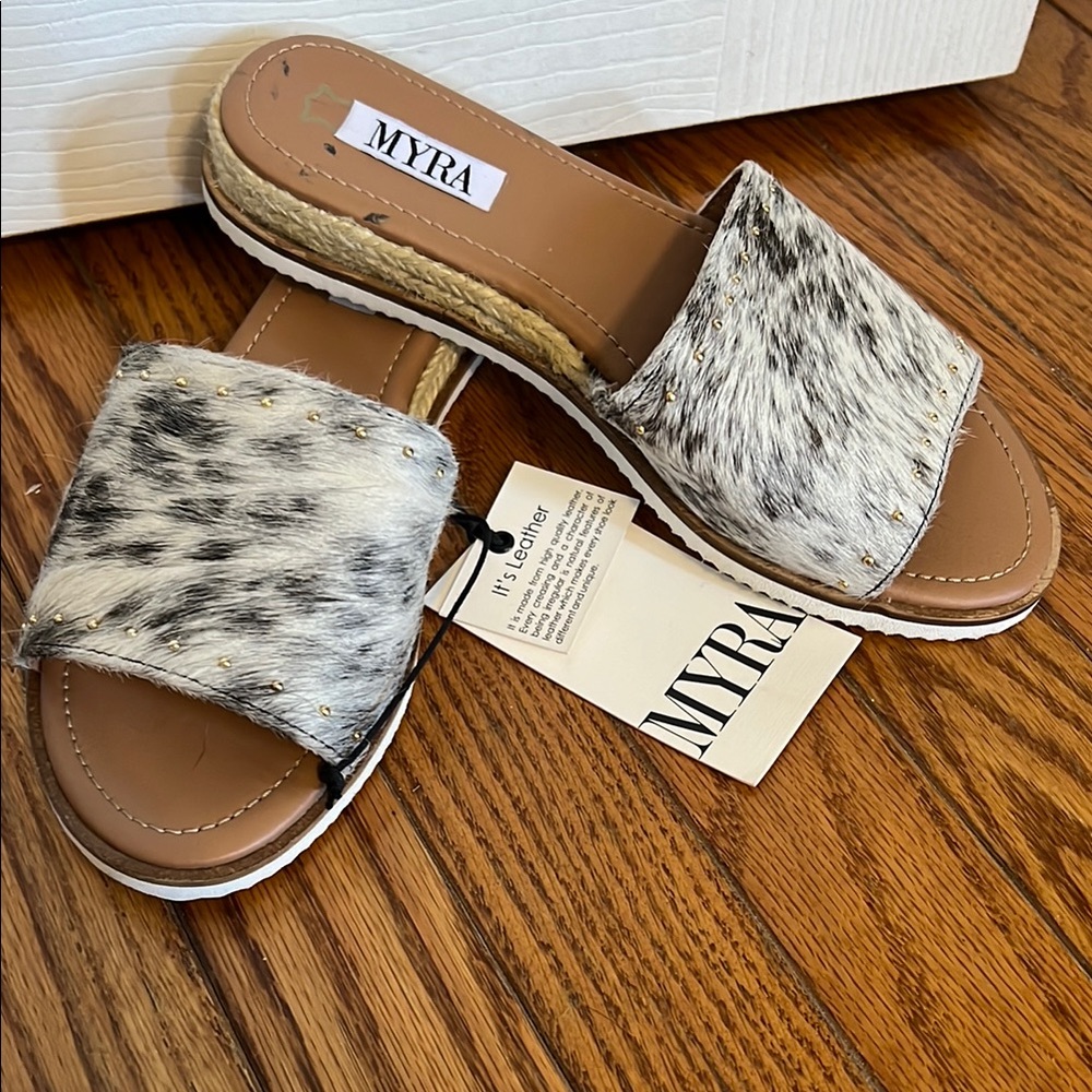 Myra Women's Black and White Cowhide Sandals